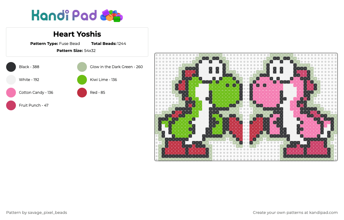 Heart Yoshis - Fuse Bead Pattern by savage_pixel_beads on Kandi Pad - pink,beige,video game,love,cute,couple,matching,mario,character,pair