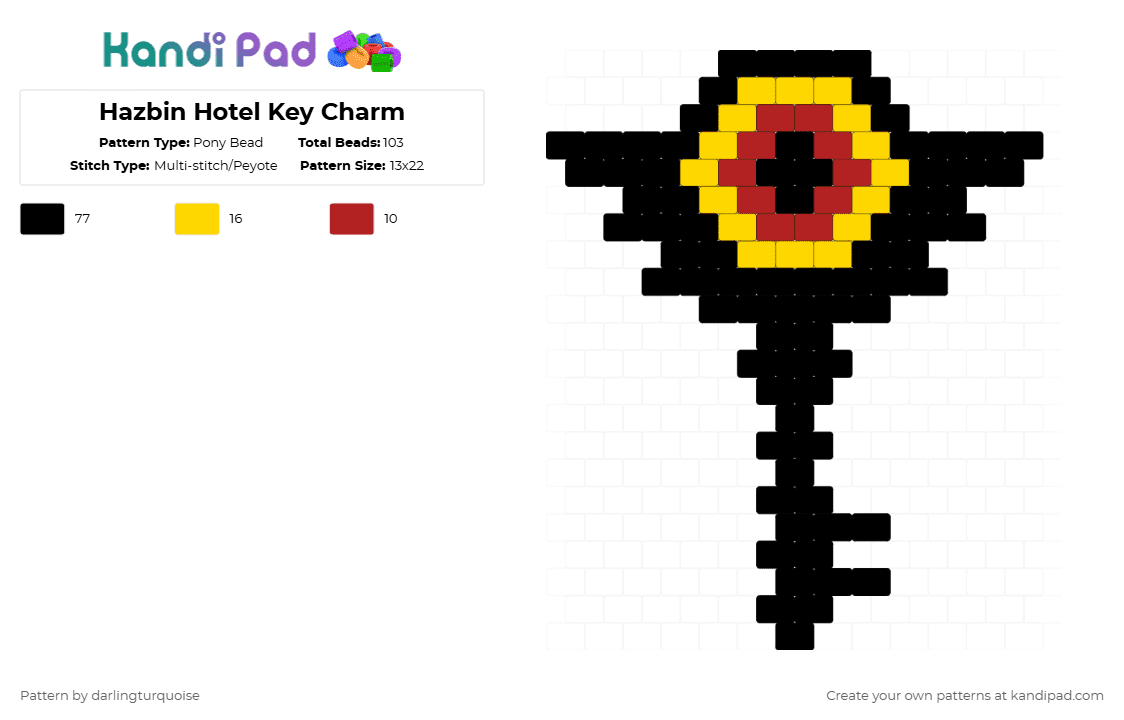 Hazbin Hotel Key Charm - Pony Bead Pattern by darlingturquoise on Kandi Pad - black,yellow,red,cotdkeys