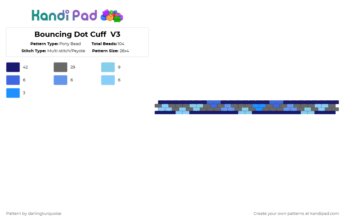 Bouncing Dot Cuff  V3 - Pony Bead Pattern by darlingturquoise on Kandi Pad - gray,light blue,purple