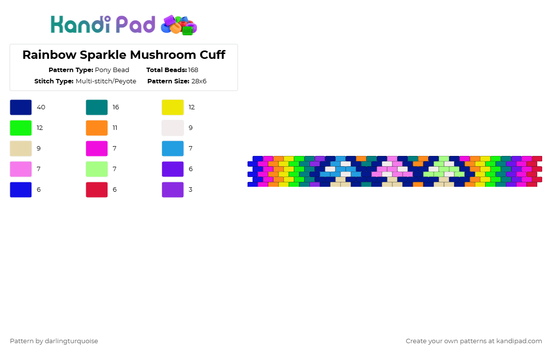 Rainbow Sparkle Mushroom Cuff - Pony Bead Pattern by darlingturquoise on Kandi Pad - pink,green,teal,purple