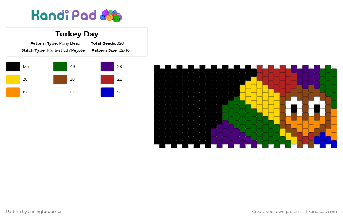 Turkey Day - Pony Bead Pattern by darlingturquoise on Kandi Pad - turkey,thanksgiving,cuff,animal,purple,green,red