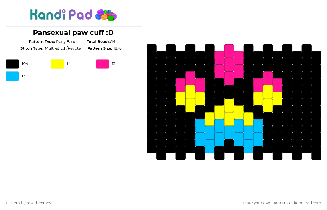 Pansexual paw cuff :D - Pony Bead Pattern by rosethecrabyt on Kandi Pad - black,pink,yellow,light blue,pride,paw
