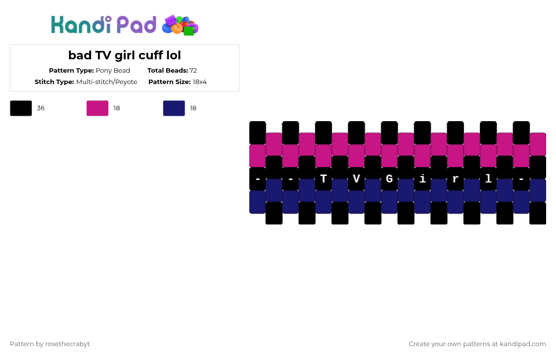 bad TV girl cuff lol - Pony Bead Pattern by rosethecrabyt on Kandi Pad - pink,purple