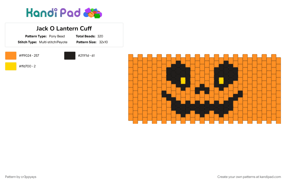 Jack O Lantern Cuff - Pony Bead Pattern by cr3ppyays on Kandi Pad - halloween, jackolantern, kandi cuff, kandipatterns, orange, pumpkin, spooky