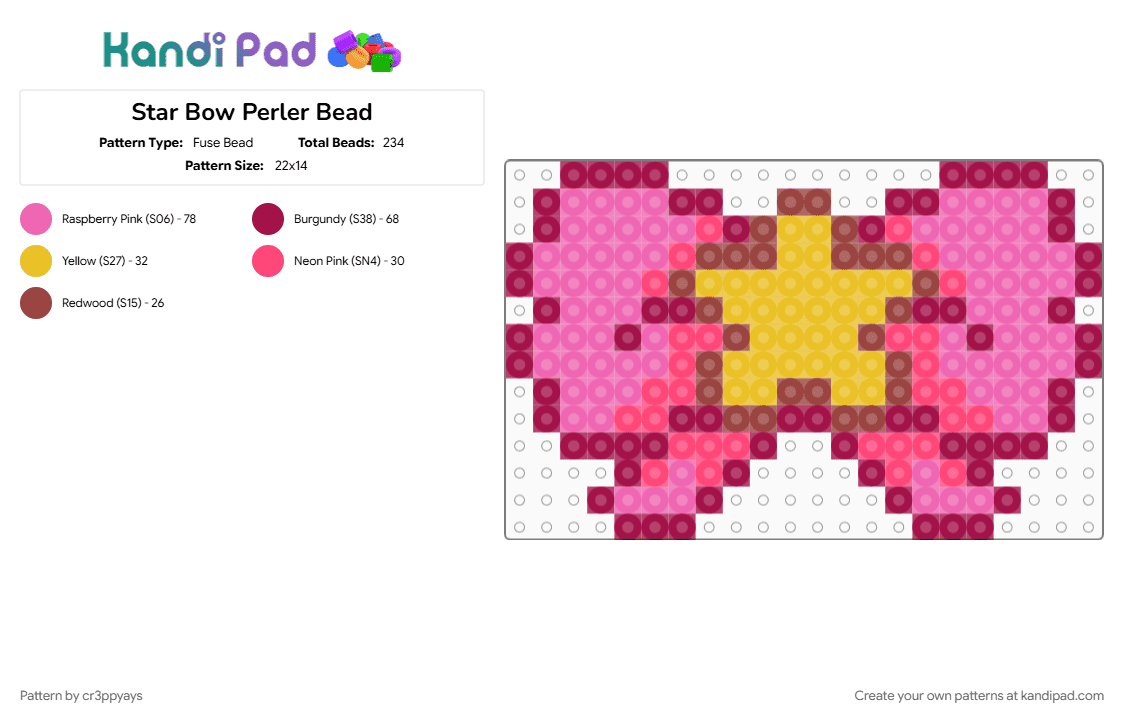 Star Bow Perler Bead - Fuse Bead Pattern by cr3ppyays on Kandi Pad - bow, cute, kandipatterns, perler bead, pink, rave, star, yellow