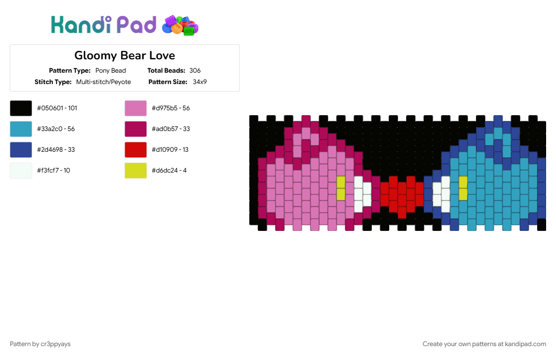 Gloomy Bear Love Cuff - Pony Bead Pattern by cr3ppyays on Kandi Pad - cute, gloomy bear, kandi cuff, kandipatterns, light blue, love, pink, rave, scene