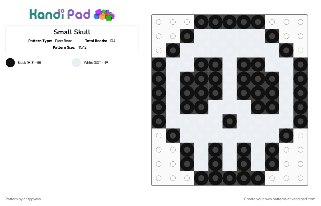 Small Skull Perler Bead - Fuse Bead Pattern by cr3ppyays on Kandi Pad - black, emo, goth, kandipatterns, perler bead, scene, skull, white