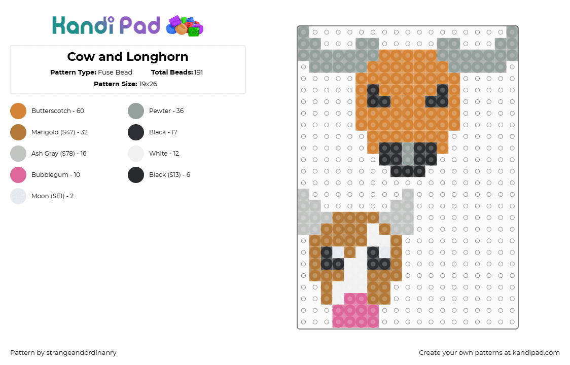 Cow and Longhorn - Fuse Bead Pattern by strangeandordinanry on Kandi Pad - orange,gray,tan