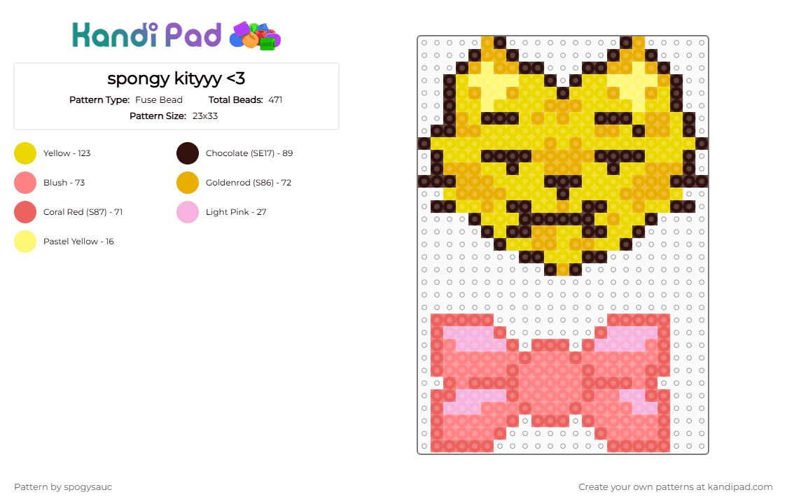 spongy kityyy - Fuse Bead Pattern by spogysauc on Kandi Pad - bfb, bfdi, brown, neko, nekospongy, red, spongy, yellow