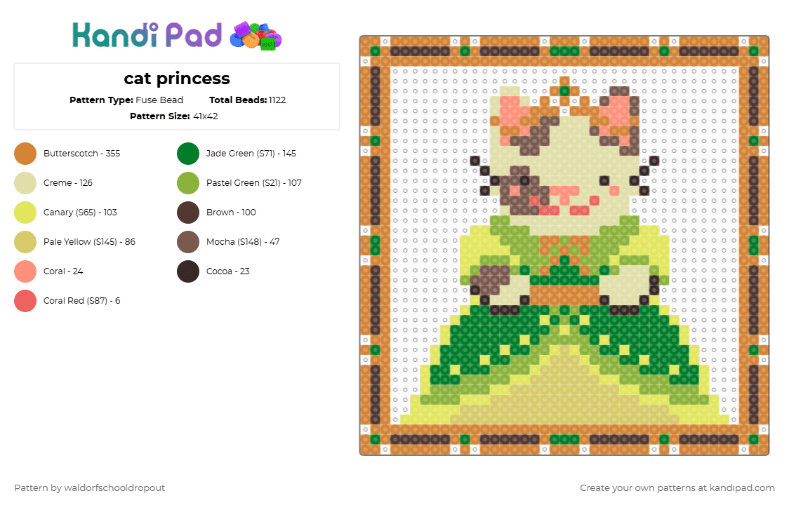 cat princess - Fuse Bead Pattern by waldorfschooldropout on Kandi Pad - yellow,green,orange
