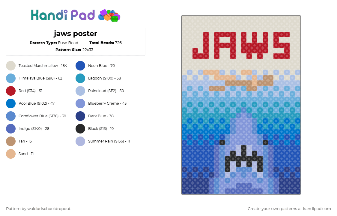 jaws poster - Fuse Bead Pattern by waldorfschooldropout on Kandi Pad - jaws,shark,movie,poster,ocean,animal,blue,light blue,beige