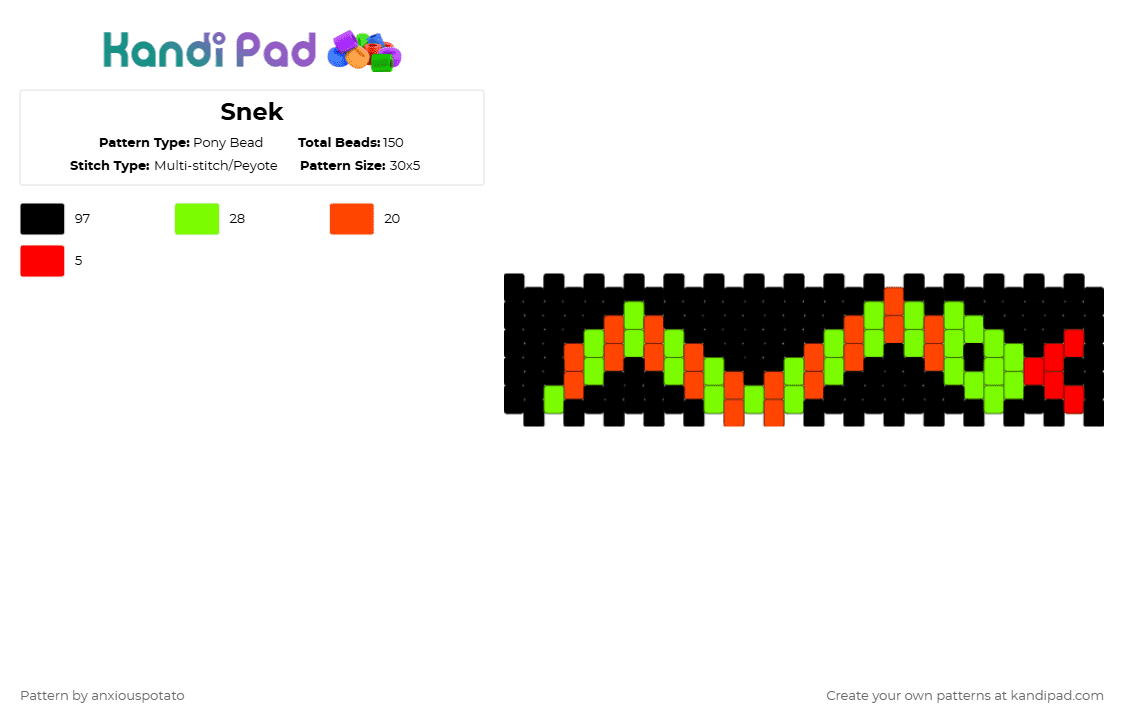Snek - Pony Bead Pattern by anxiouspotato on Kandi Pad - black,red,green
