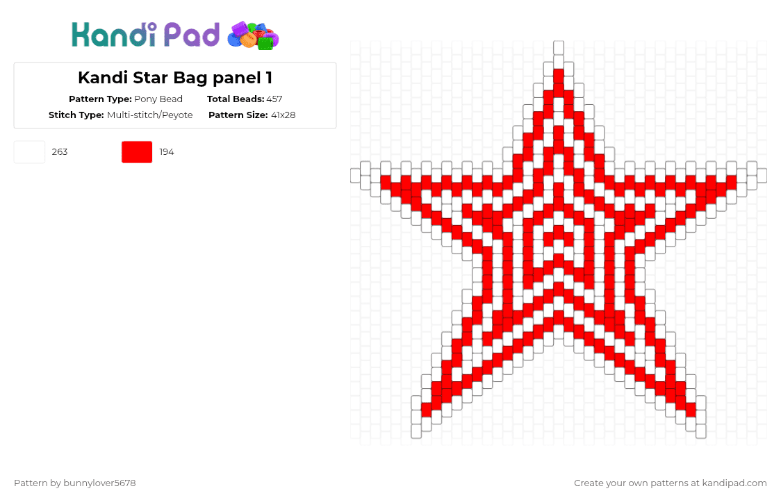 Kandi Star Bag panel 1 - Pony Bead Pattern by bunnylover5678 on Kandi Pad - white,red,bag,bag panel,panel,rockstar,pt 1,star