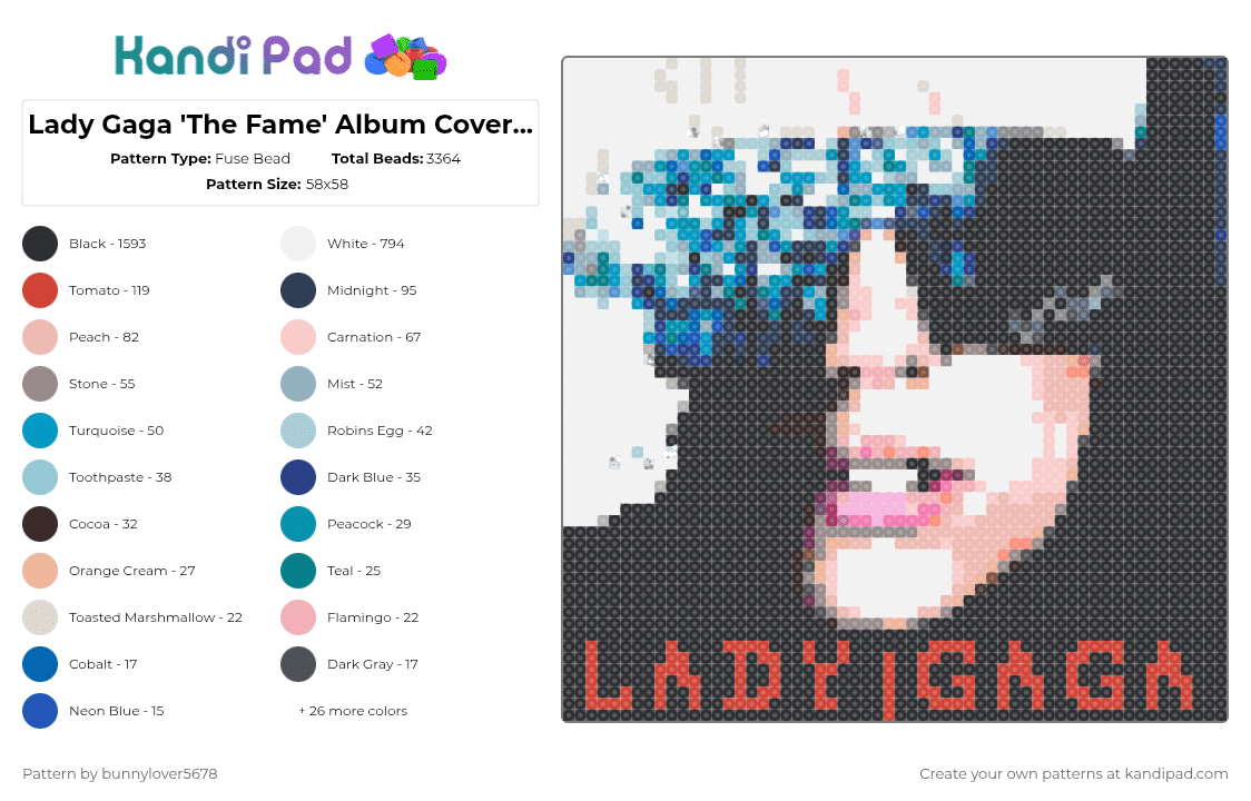 Lady Gaga \'The Fame\' Album Cover Art - Fuse Bead Pattern by bunnylover5678 on Kandi Pad - black,white,beige,light blue,gray,colorful,lady gaga,music,album cover,cover art,lovegame,gaga,song,song cover