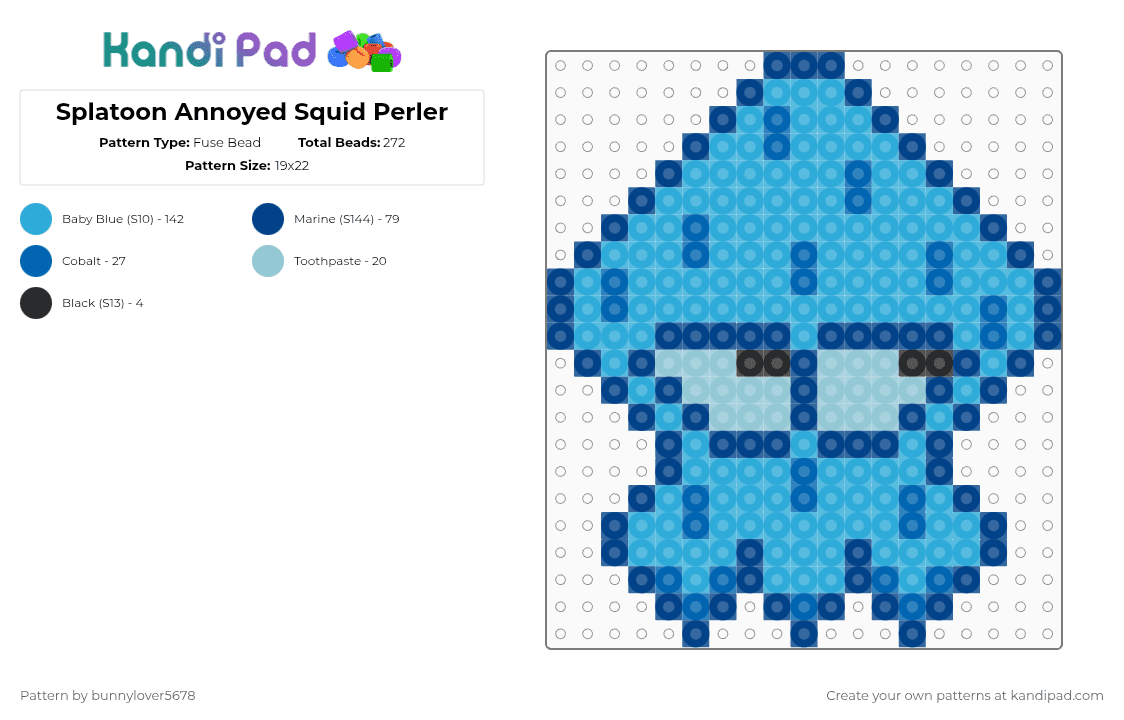 Splatoon Annoyed Squid Perler - Fuse Bead Pattern by bunnylover5678 on Kandi Pad - blue,light blue,splatoon,splatoon 2,splatoon 3,squid kid,perler,necklace,perler necklace