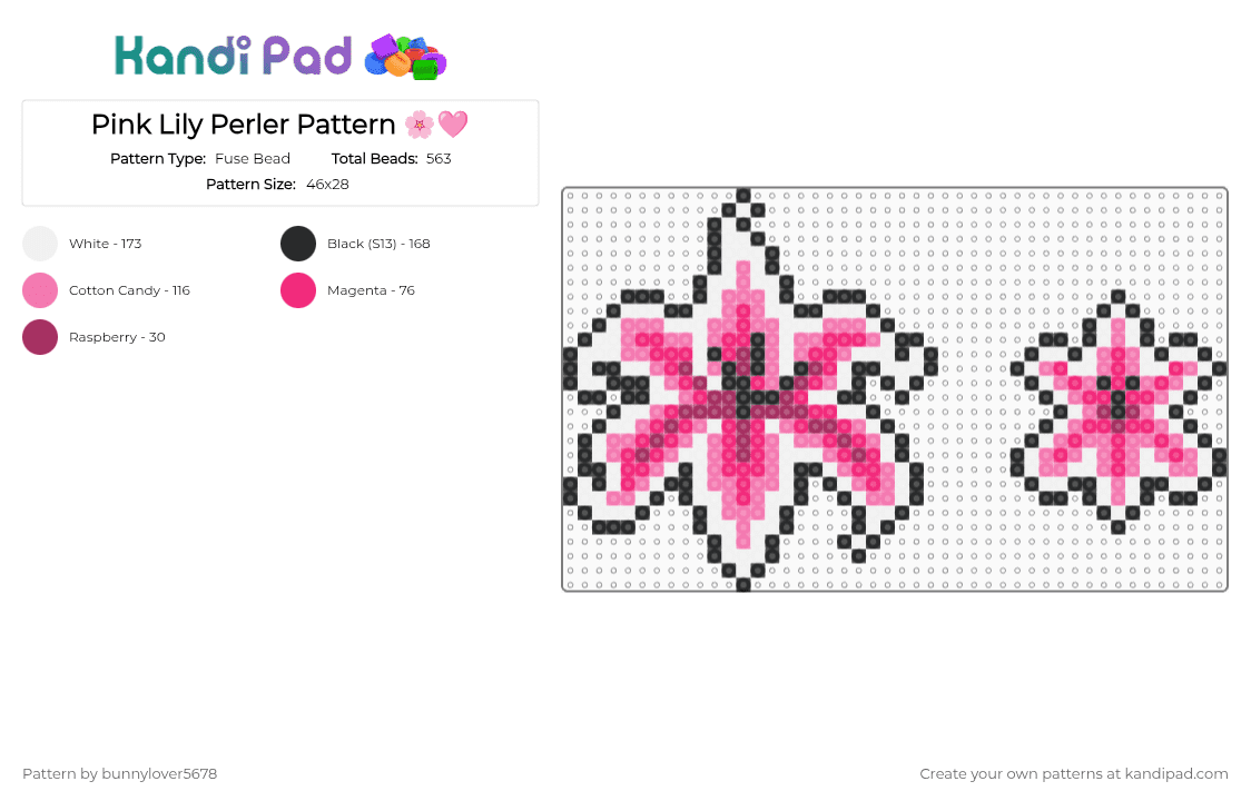 Pink Lily Perler Pattern 🌸🩷 - Fuse Bead Pattern by bunnylover5678 on Kandi Pad - white,pink,flower,charm,keychain,perler,lily,petal,trading