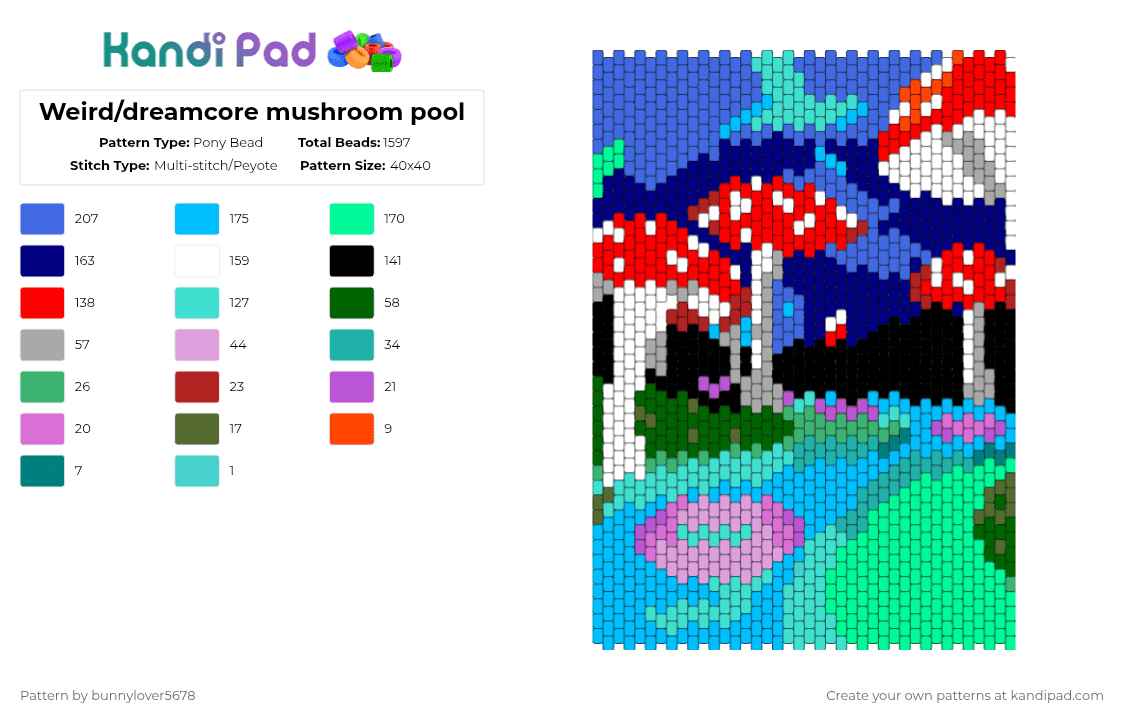 Weird/dreamcore mushroom pool - Pony Bead Pattern by bunnylover5678 on Kandi Pad - light blue,teal,purple,colorful,weirdcore,dreamcore,mushrooms,pool,backrooms,backroom,cool,banner