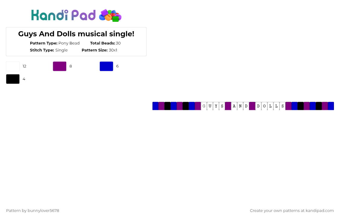 Guys And Dolls musical single! - Pony Bead Pattern by bunnylover5678 on Kandi Pad - pink,purple,musical,single,guys and dolls,theater,guysanddolls,musicals,performance