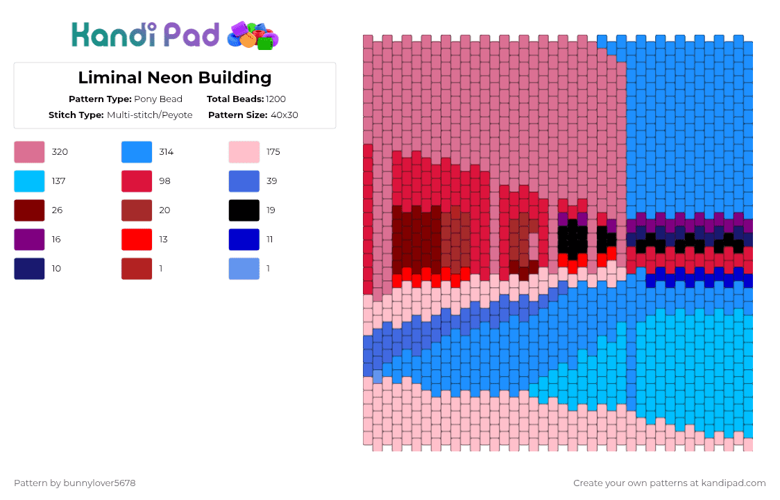 Liminal Neon Building - Pony Bead Pattern by bunnylover5678 on Kandi Pad - pink,light blue,backrooms,neon,building,liminal,pool,backroom