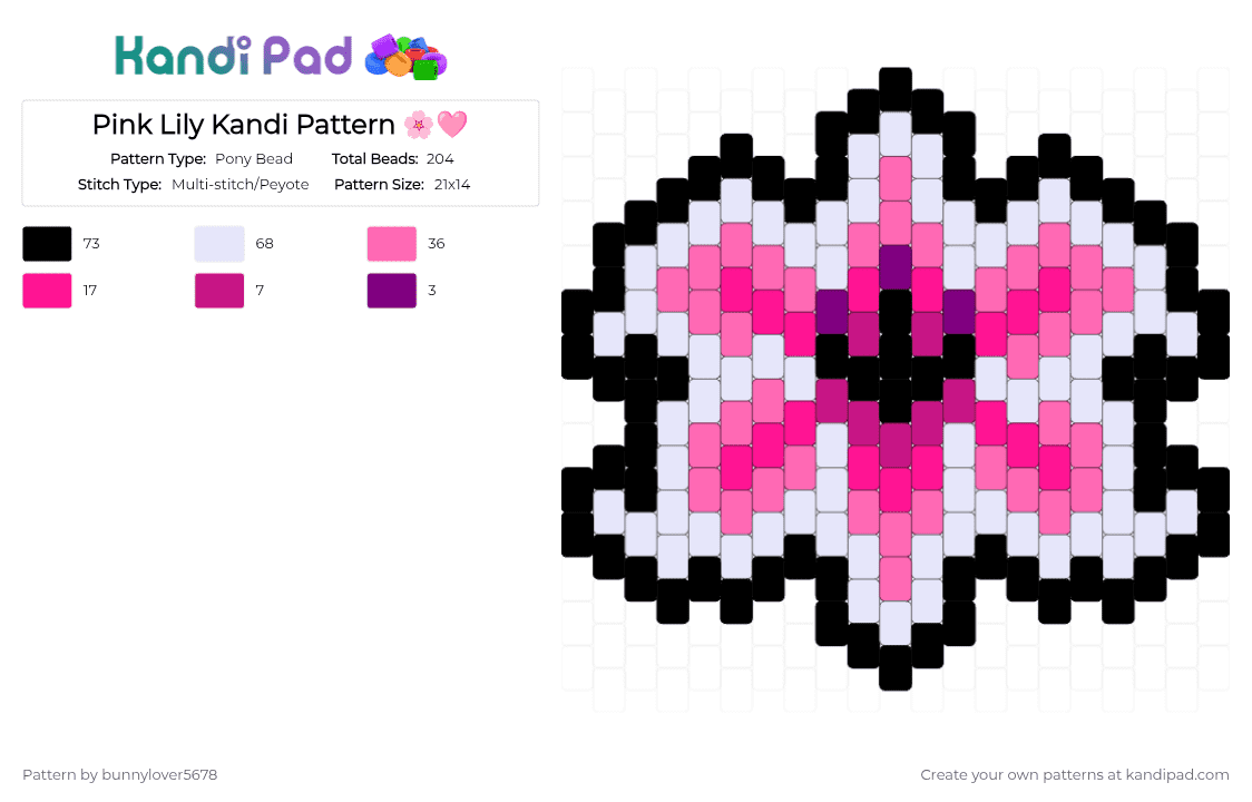 Pink Lily Kandi Pattern 🌸🩷 - Pony Bead Pattern by bunnylover5678 on Kandi Pad - pink,white,lily,flower,charm,keychain,petal,tiger lily,trading