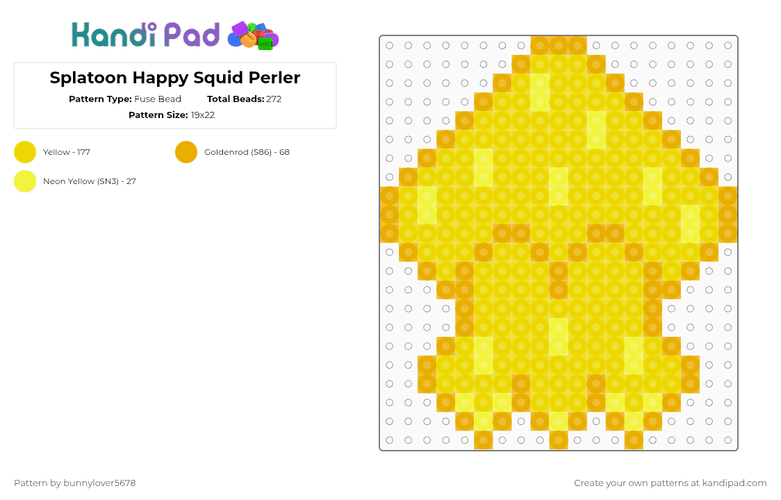 Splatoon Happy Squid Perler - Fuse Bead Pattern by bunnylover5678 on Kandi Pad - yellow,splatoon,splatoon 2,splatoon 3,squid kid,perler,necklace,perler necklace
