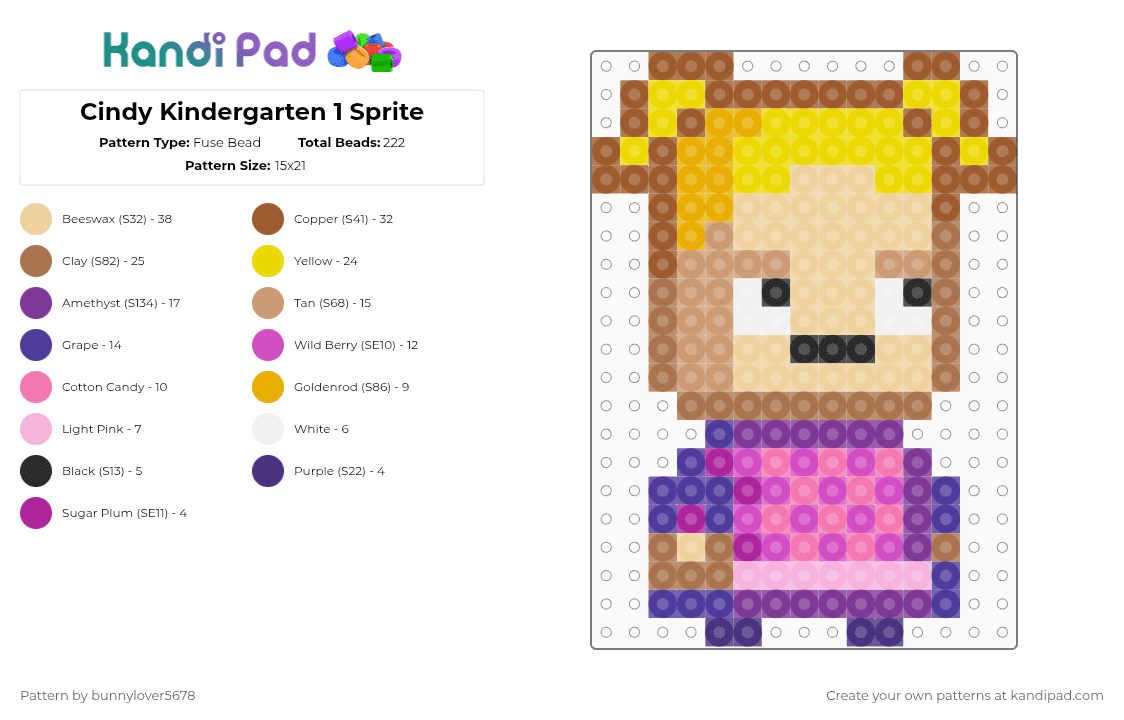 Cindy Kindergarten 1 Sprite - Fuse Bead Pattern by bunnylover5678 on Kandi Pad - tan,beige,pink,cindy,kindergarten,kindergarten 1,diva,lily,indie game,applegate,monty