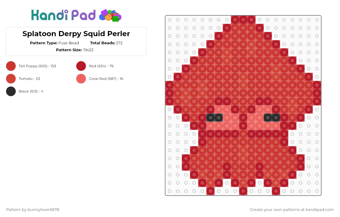 Splatoon Derpy Squid Perler - Fuse Bead Pattern by bunnylover5678 on Kandi Pad - red,splatoon,splatoon 2,splatoon 3,squid kid,perler,perler necklace,necklace