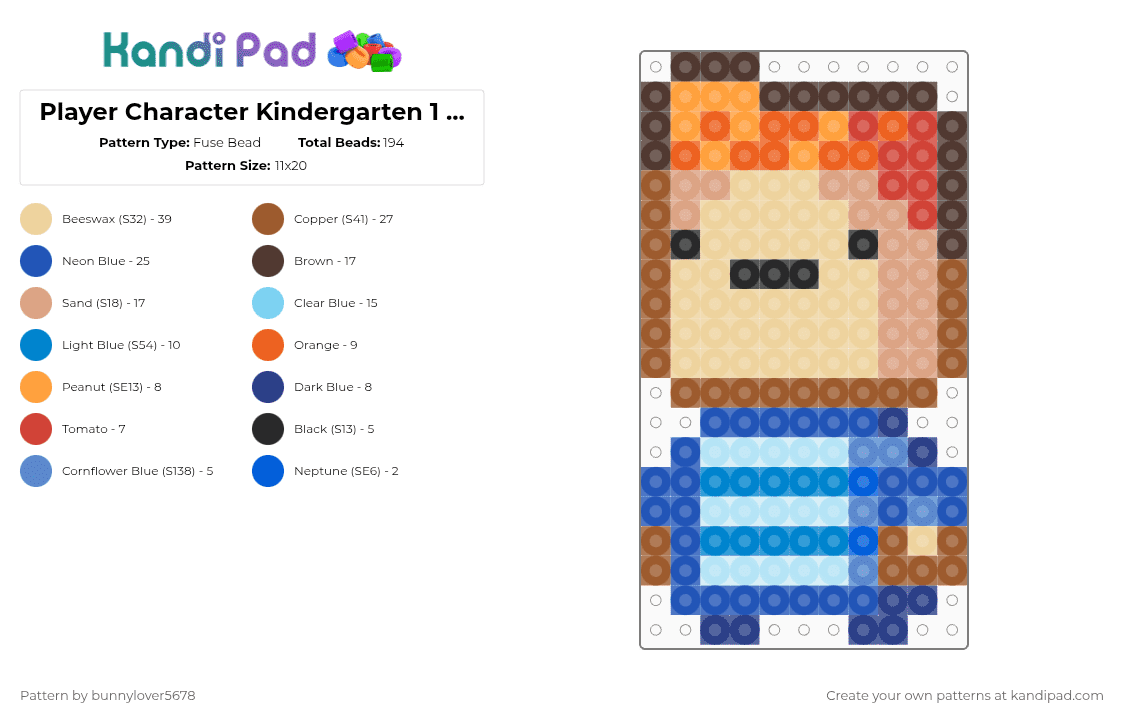 Player Character Kindergarten 1 Sprite - Fuse Bead Pattern by bunnylover5678 on Kandi Pad - tan,beige,blue,kindergarten,kindergarten 1,small pattern,player character,kinder garden,cindy,monty