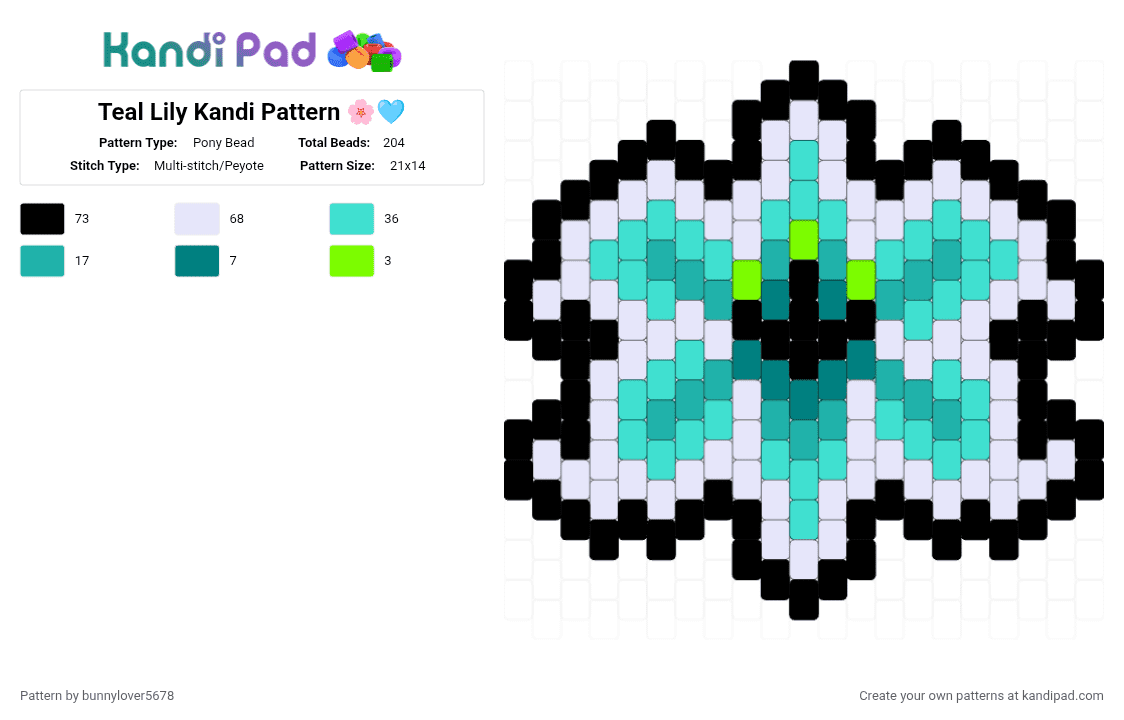 Teal Lily Kandi Pattern 🌸🩵 - Pony Bead Pattern by bunnylover5678 on Kandi Pad - white,light blue,teal,flower,charm,keychain,lily,lilly,petal,plant