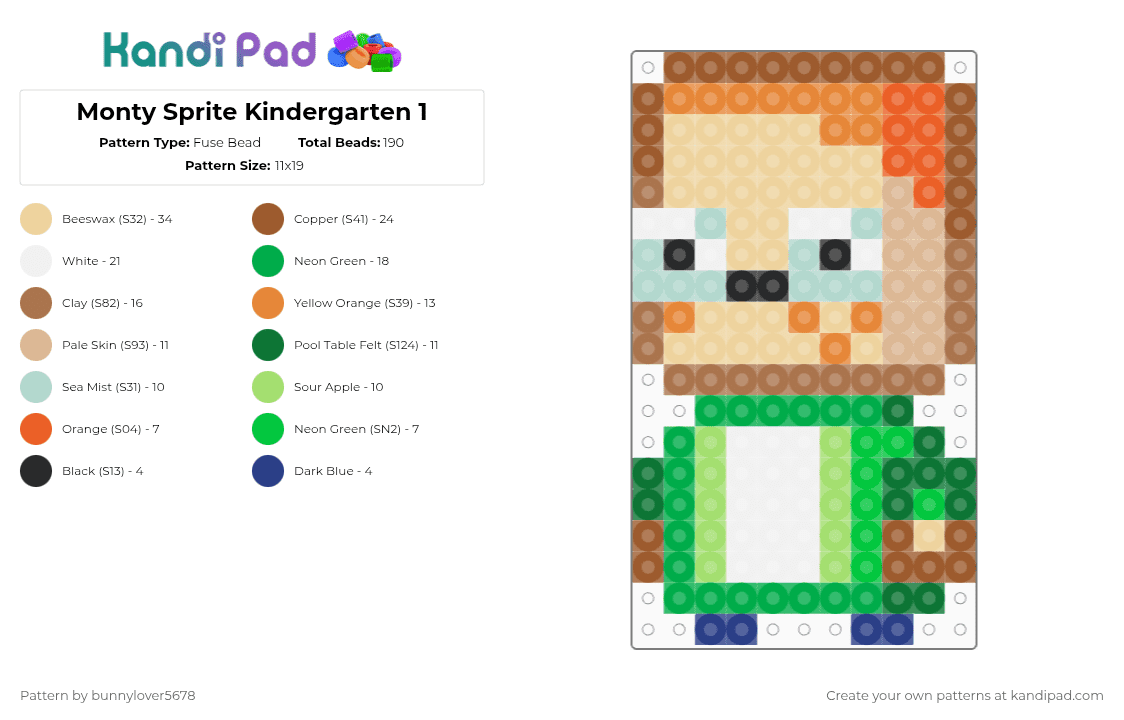 Monty Kindergarten 1 Sprite - Fuse Bead Pattern by bunnylover5678 on Kandi Pad - tan,beige,green,monty,kindergarten,kindergarten 1,indie game,janitor,applegate,cindy,jerome