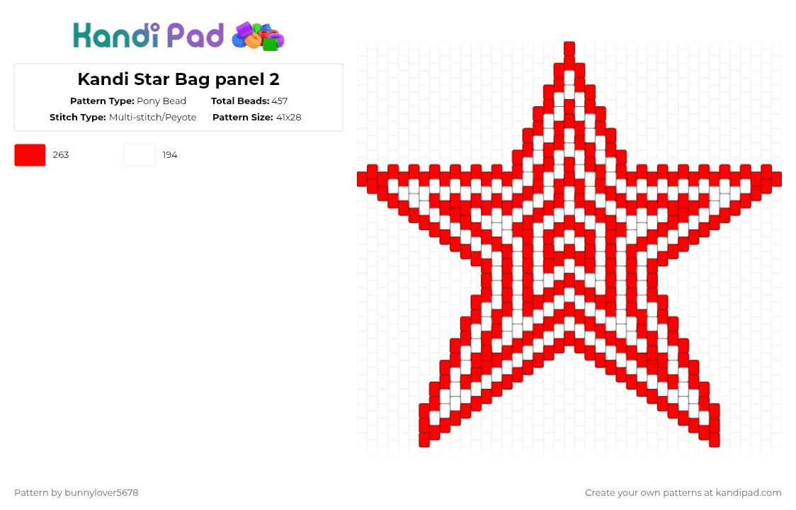 Kandi Star Bag panel 2 - Pony Bead Pattern by bunnylover5678 on Kandi Pad - red,white,bag,panel,star,rockstar,bag panel,pt 2