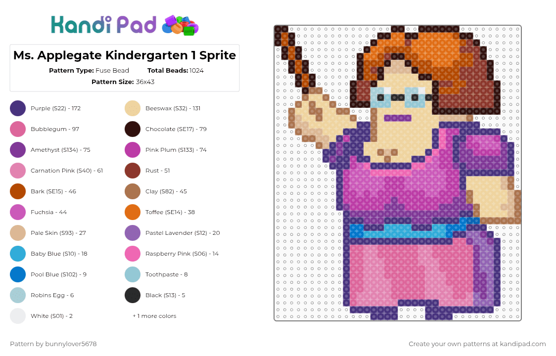 Ms. Applegate Kindergarten 1 Sprite - Fuse Bead Pattern by bunnylover5678 on Kandi Pad - beige,purple,pink,ms applegate,applegate,kindergarten,kindergarten 1,indie game,kindergarten 2,kindergarten 3,teacher