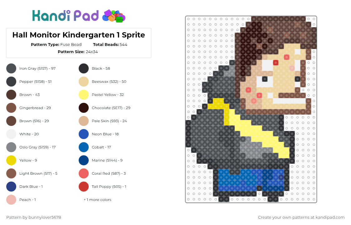 Hall Monitor Kindergarten 1 Sprite - Fuse Bead Pattern by bunnylover5678 on Kandi Pad - brown,purple,blue,colorful,hall monitor,kindergarten,kindergarten 1,kindergarten 2,kindergarten 3,sweat,antagonist,l