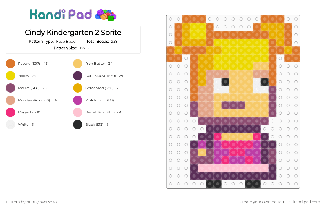 Cindy Kindergarten 2 Sprite - Fuse Bead Pattern by bunnylover5678 on Kandi Pad - yellow,pink,orange,kindergarten,kindergarten 1,kindergarten 2,indie game,cindy,cindy kindergarten,kindergarten 3,nugget