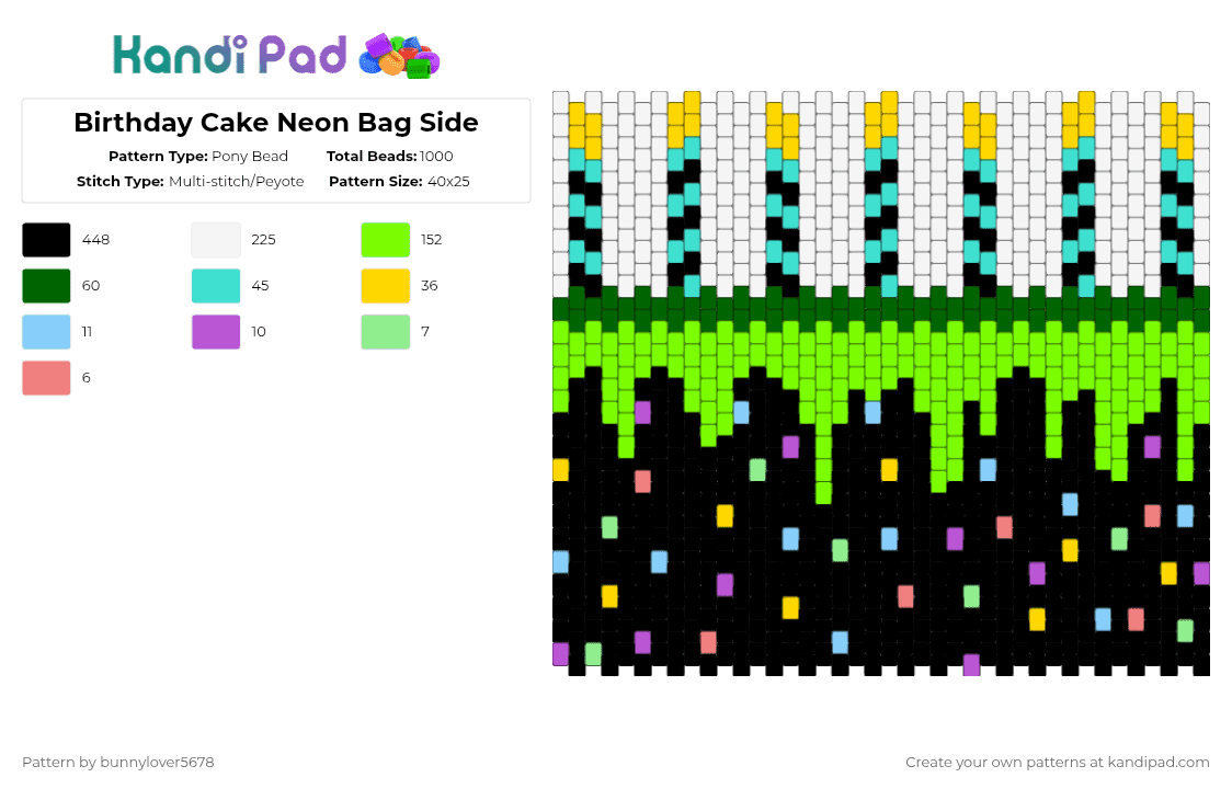 Birthday Cake Neon Bag Side - Pony Bead Pattern by bunnylover5678 on Kandi Pad - black,white,light blue,green,birthday,bag,cake,neon,birthday cake,bestie,present