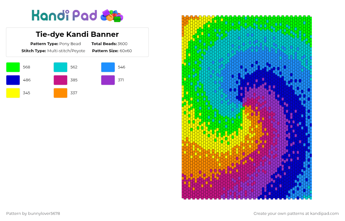 Tie-dye Kandi Banner - Pony Bead Pattern by bunnylover5678 on Kandi Pad - light blue,green,purple,tie dye,tiedye,rainbow,banner,kandi,large pattern,colorful,colorful pattern