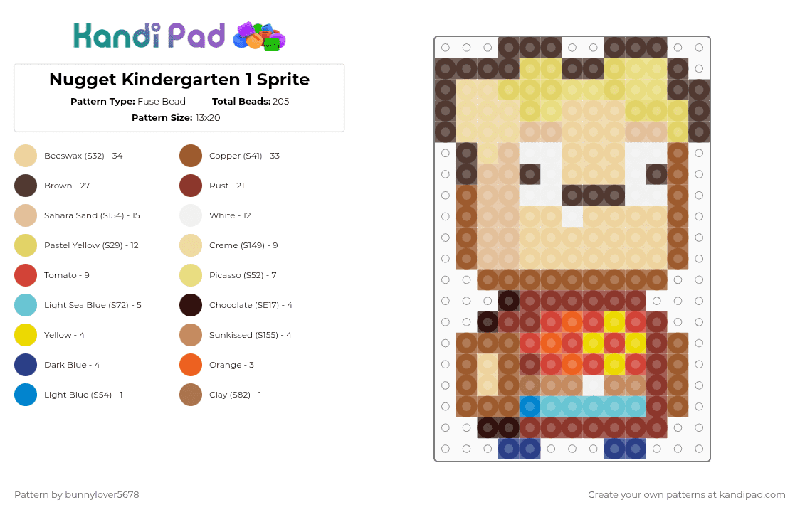 Nugget Kindergarten 1 Sprite - Fuse Bead Pattern by bunnylover5678 on Kandi Pad - tan,beige,yellow,colorful,nugget,kindergarten,kindergarten 1,nugget cave,indie game,monty,lily,applegate