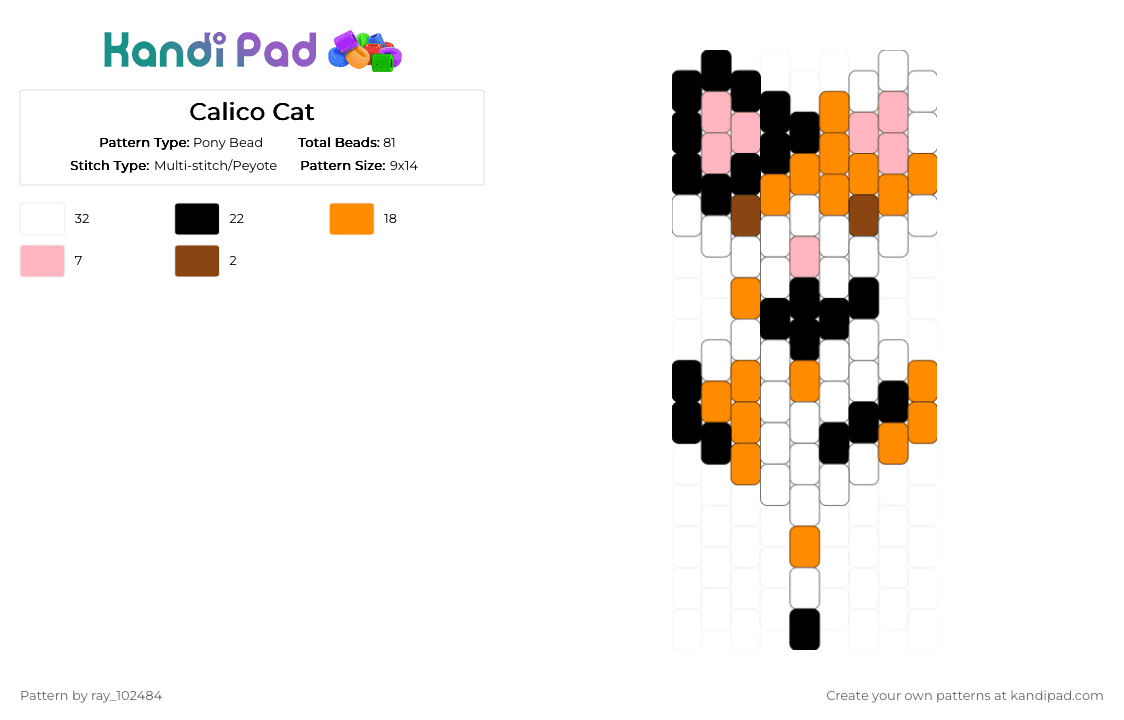 Calico Cat - Pony Bead Pattern by ray_102484 on Kandi Pad - white,orange