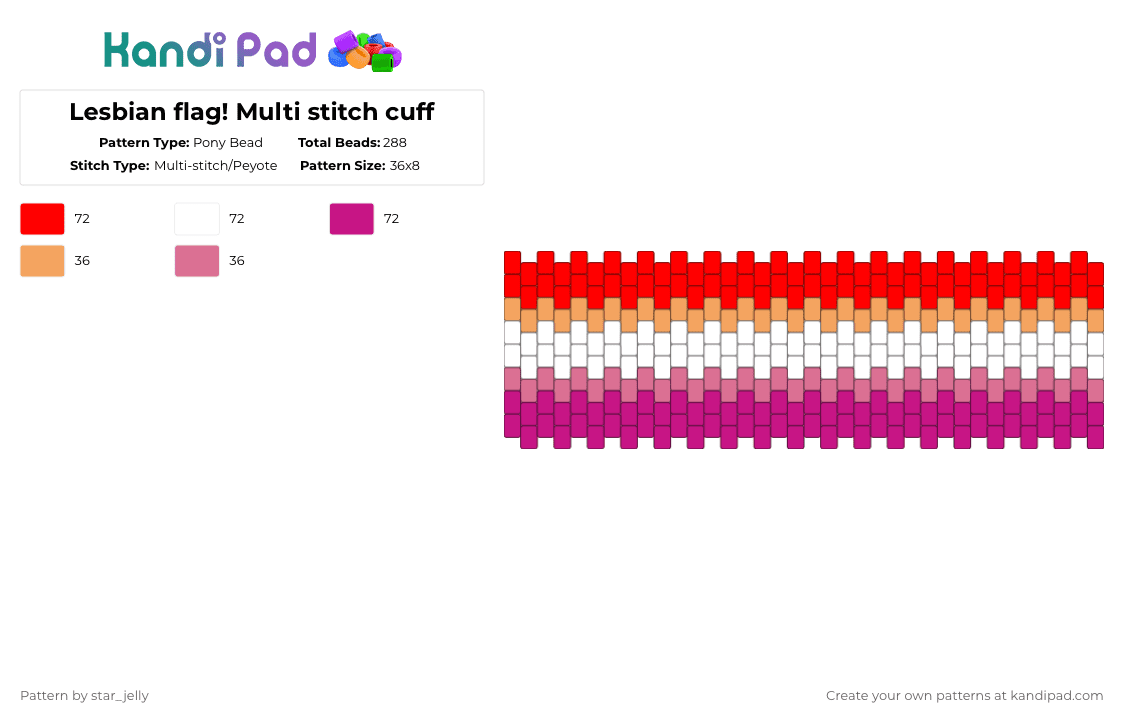 Lesbian flag! Multi stitch cuff - Pony Bead Pattern by star_jelly on Kandi Pad - red,pink