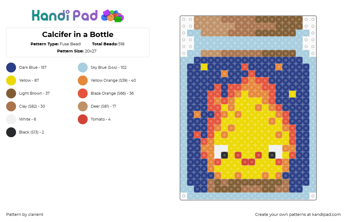 Calcifer in a Bottle - Fuse Bead Pattern by clarient on Kandi Pad - light blue,tan,yellow,blue,calcifer