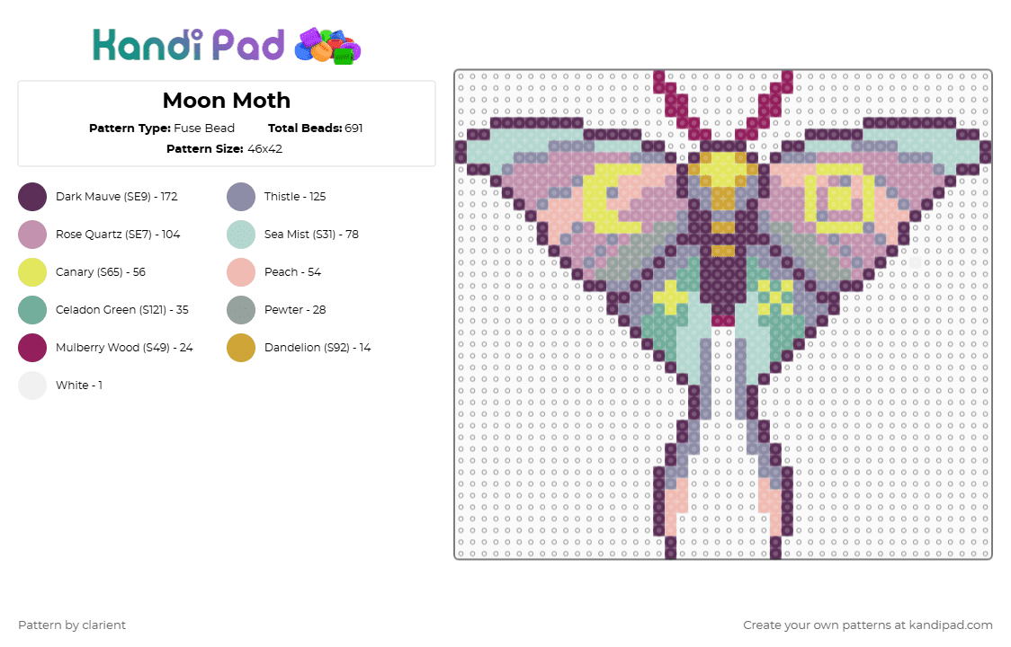 Moon Moth - Fuse Bead Pattern by clarient on Kandi Pad - moth,insect,moon moth,animal,pink,gray