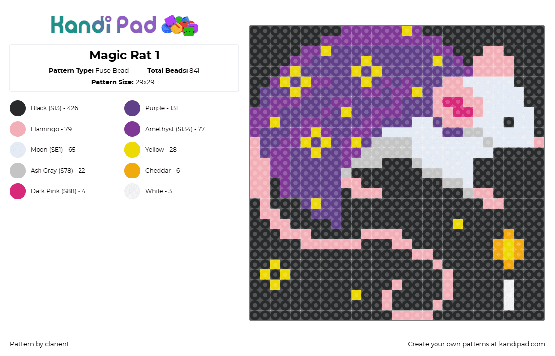 Magic Rat 1 - Fuse Bead Pattern by clarient on Kandi Pad - black,pink,purple,beige