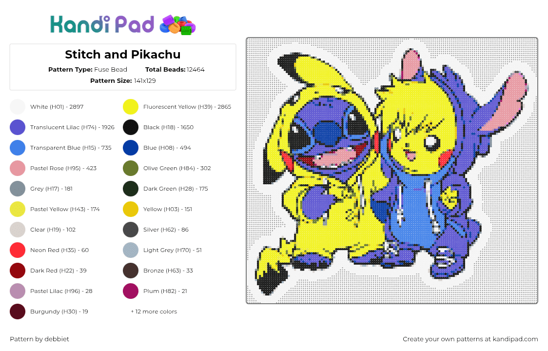 Stitch and Pikachu - Fuse Bead Pattern by debbiet on Kandi Pad - yellow,purple,blue