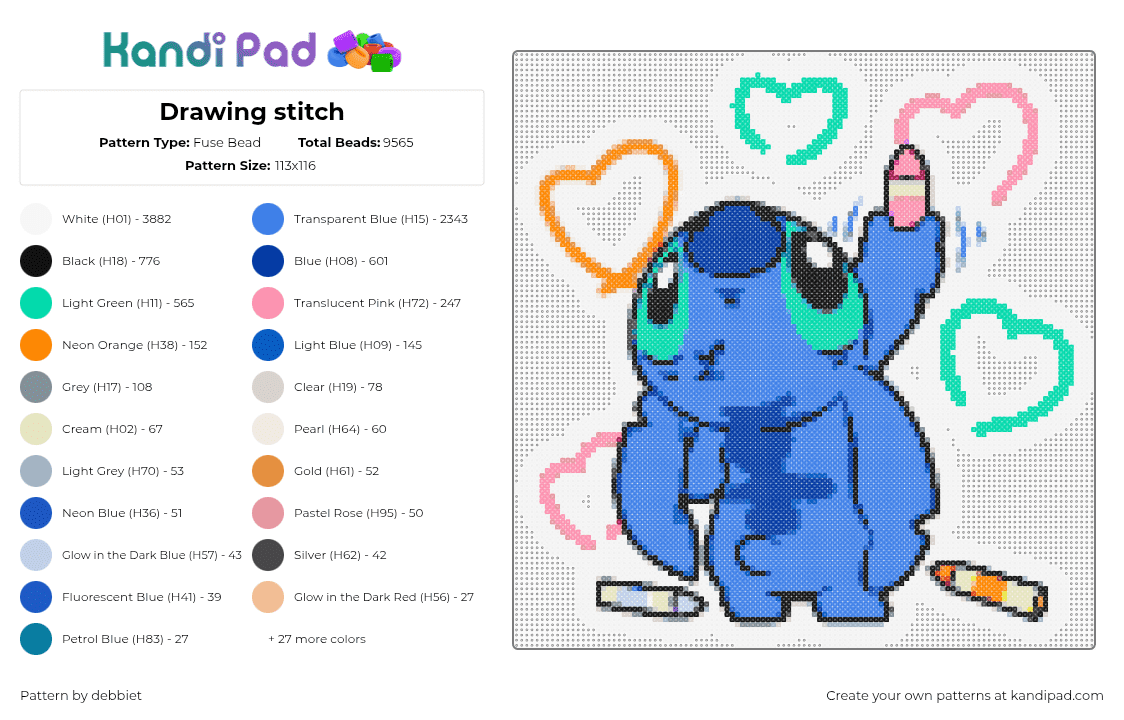 Drawing stitch - Fuse Bead Pattern by debbiet on Kandi Pad - white,teal,blue