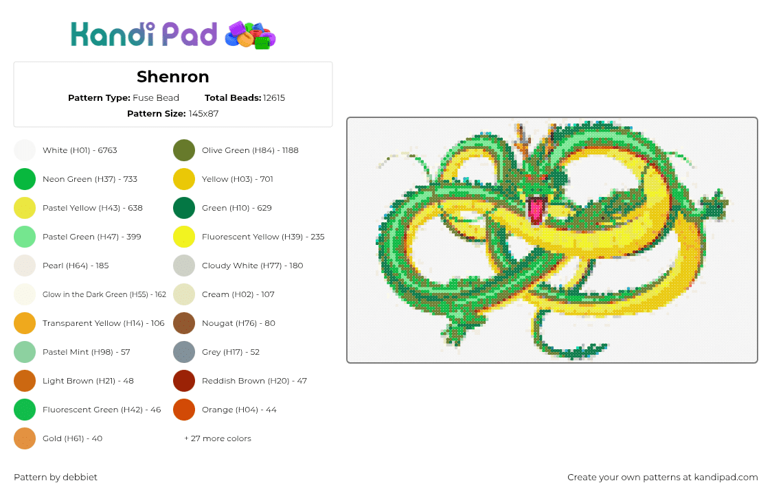 Shenron - Fuse Bead Pattern by debbiet on Kandi Pad - white,green,gold,yellow,colorful