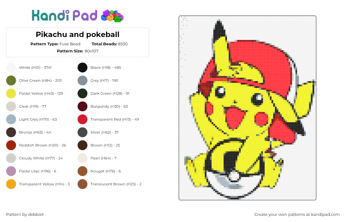 Pikachu and pokeball - Fuse Bead Pattern by debbiet on Kandi Pad - 