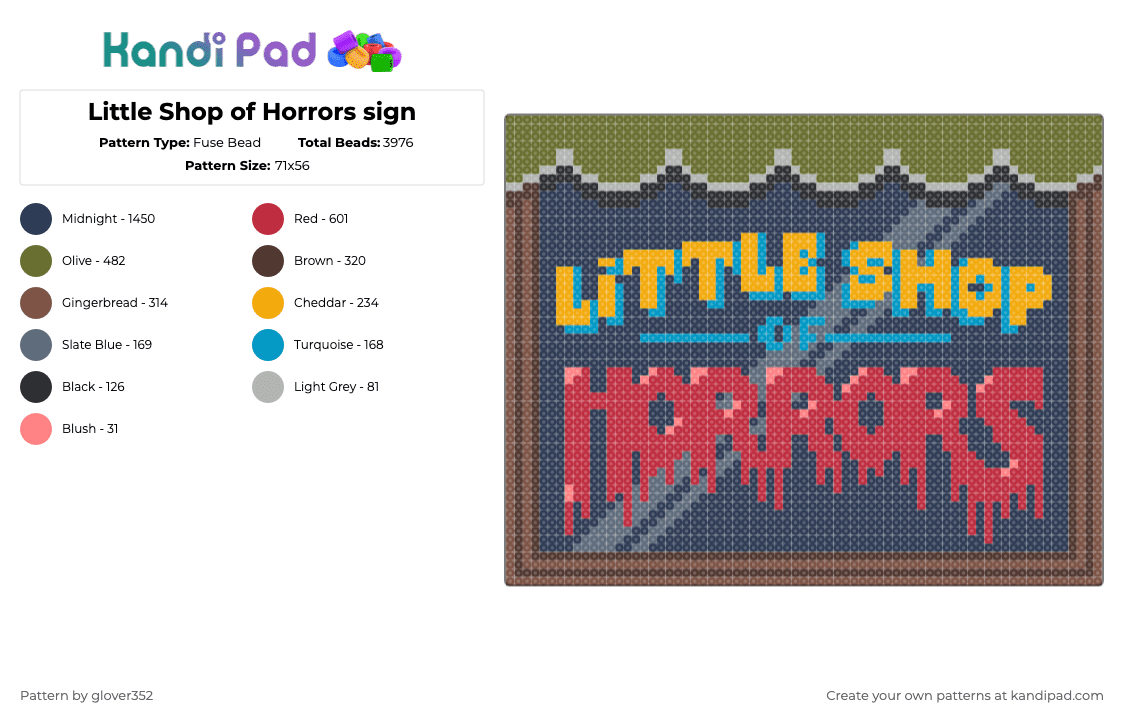 Little Shop of Horrors sign - Fuse Bead Pattern by glover352 on Kandi Pad - gold,purple,red,little shop,little shop of horrors,audrey ii,musicals,horror