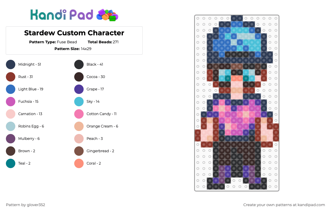 Stardew Custom Character - Fuse Bead Pattern by glover352 on Kandi Pad - purple,brown,beige,colorful