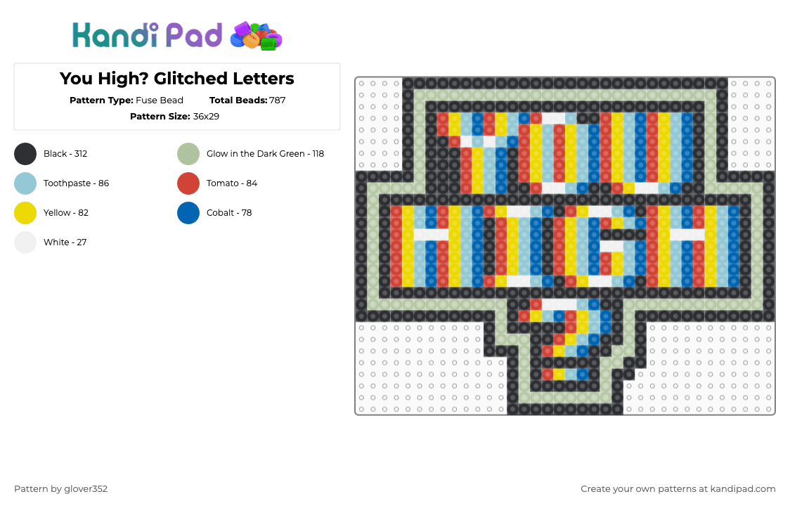 You High? Glitched Letters - Fuse Bead Pattern by glover352 on Kandi Pad - beige,red,light blue,high,party,sign,weed,drugs