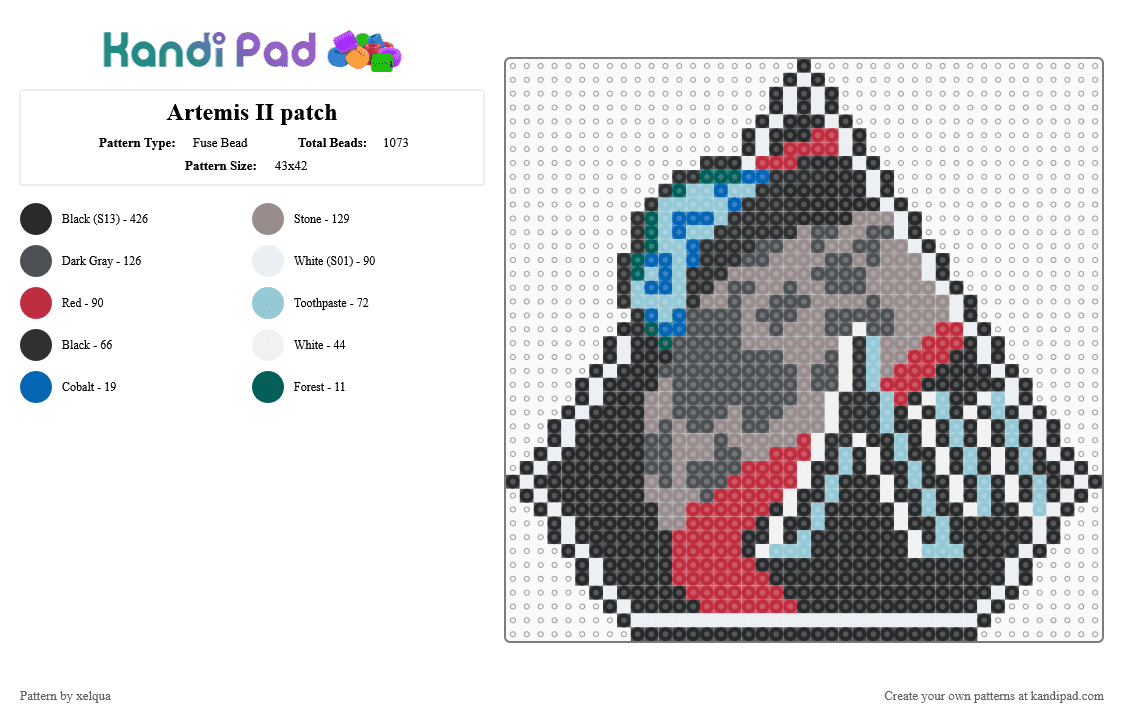 Artemis II patch - Fuse Bead Pattern by xelqua on Kandi Pad - black,gray,cotdfuturisticcities,artemis,artemis two,artemis 2,artemis ii,nasa,space